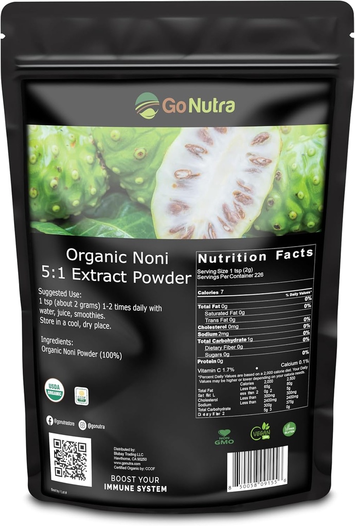 Noni Fruit Powder Organic 5:1 Extract Puro 1lb. (16 onças) Superfood Noni Powder
