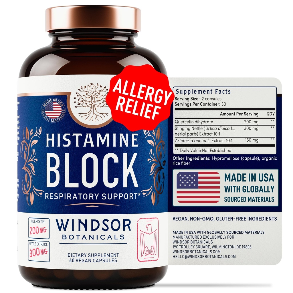 Bloqueador de histamina para alergias - Quercetin, Stinging Nettle Flavonoids Comprimidos de anti-histamínico natural - Suplementos de alívio de alergia e anti-histamínicos para adultos - 60 cápsulas Vegan bloco de histamina