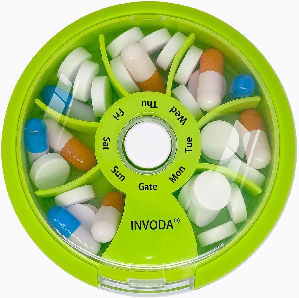 INVODA Semanal Organizador de comprimidos 7 Compartimento Caixa de pílulas rotativas para medicação diária e vitaminas - Portátil caso de pílulas de viagem Suplementos de óleo de peixe Organizador de vitaminas (laranja)