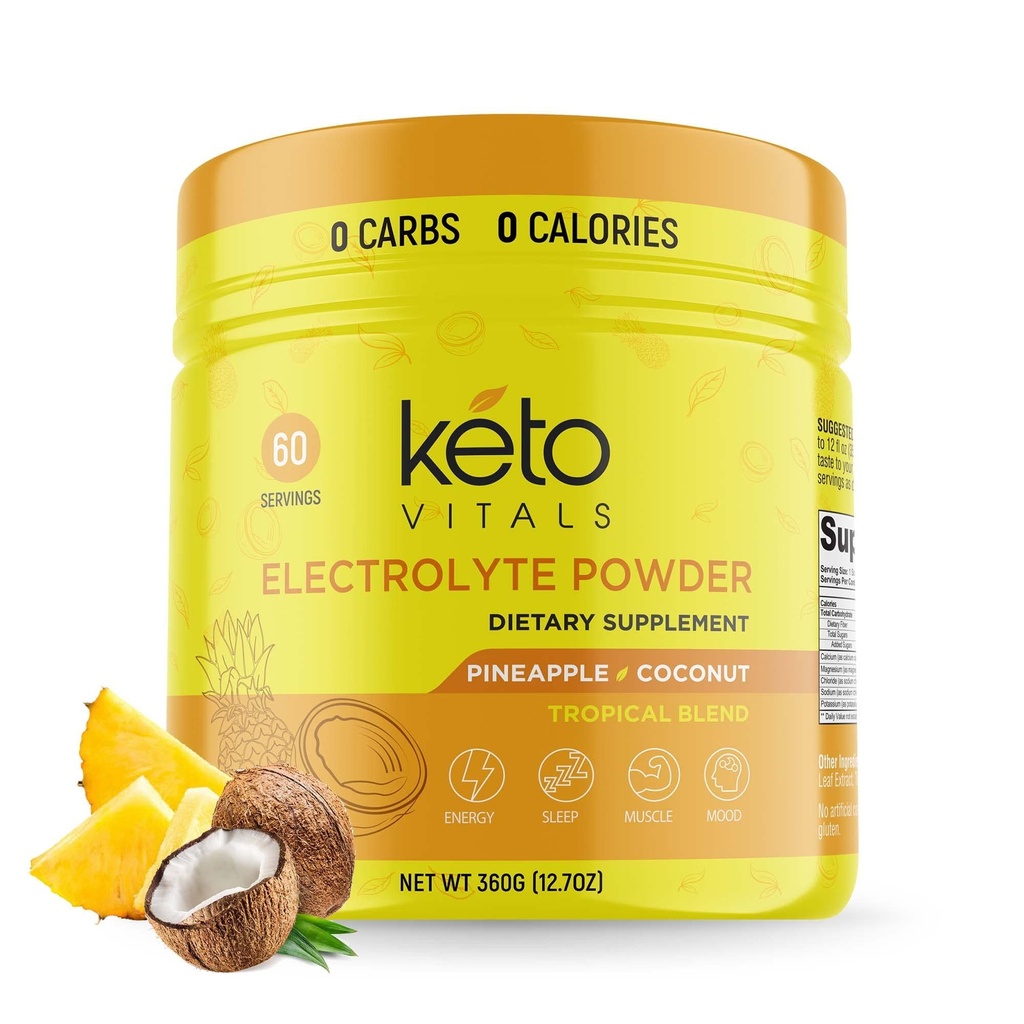 Keto Vitals Eletrólitos em pó - Açúcar grátis Keto Eletrólitos em pó com potássio, magnésio, sódio e cálcio - Sem açúcar Eletrólito Drink Mix & Hydration Powder, 60 Servings, Abacaxi Coco