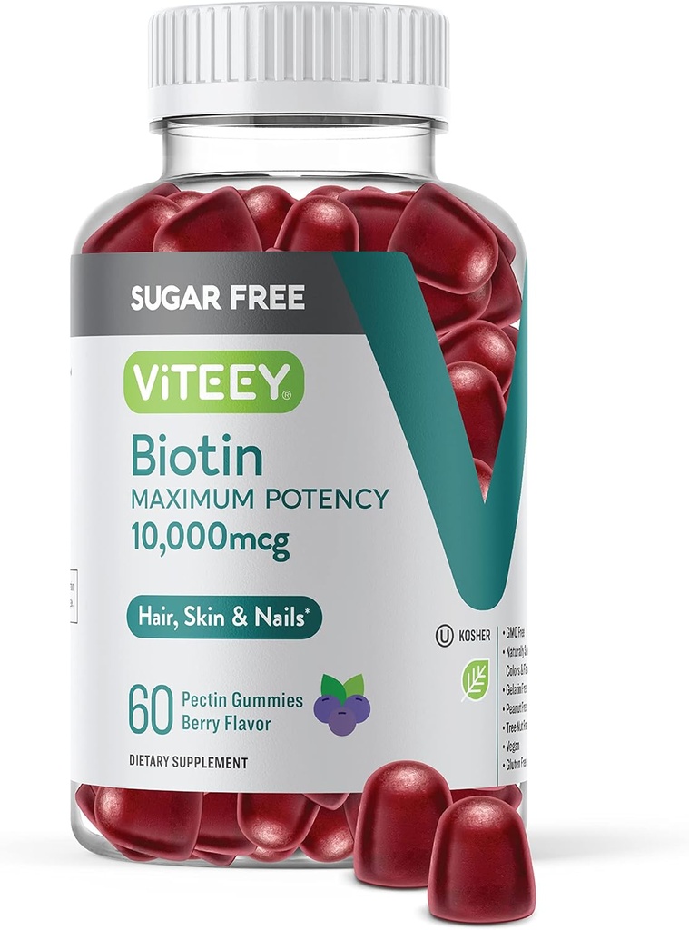 Viteey Biotin Gummies para cabelos, pele e unhas 10.000mcg - Açúcar livre - Pastilhas de crescimento de cabelo, Brilho de pele saudável, Crescimento de unhas saudável forte - Vegan, Glúten livre, Gelatina Free- sabor Berry sabor