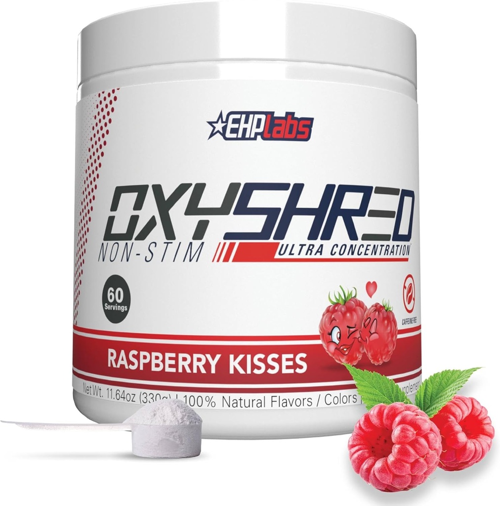 EHP Labs OxyShred não estimulante pré-treino em pó - Stim Free, Cafeína livre pré-treino para homens e mulheres - Não Stim pré-treino - açúcar livre de energia em pó - framboesa, 60 Servings