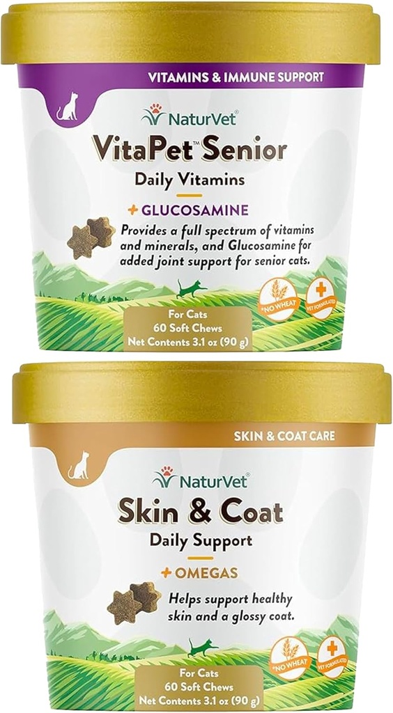 NaturVet – Pele & Casaco Plus Ómegas para gatos – 60 mastigação suave □ Suporta pele saudável & casaco lustroso & VitaPet Vitaminas diárias sênior para gatos, Formulado para fornecer minerais essenciais, 90 g, 60 contagem