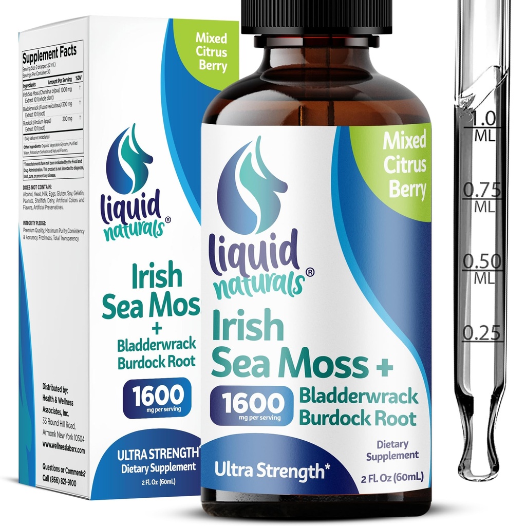 Irish Sea Moss Drops - Citrus Berry Flavor - 92+ Minerais essenciais & Vitaminas - Energia, Pele, Gut, Recuperação - Bladderwrack e Burdock Root - 2 fl. oz