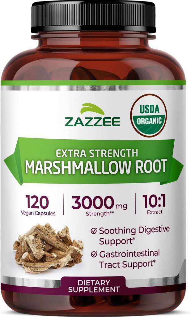 Zazzee USDA Organic Marshmallow Root 10:1 Extract, 3000 mg Força, 120 cápsulas Vegan, Fornecimento de 4 meses, Standardizado, Concentrado 10X Extract, 100% vegetariano, All-Natural, Não-GMO, Made in the USA