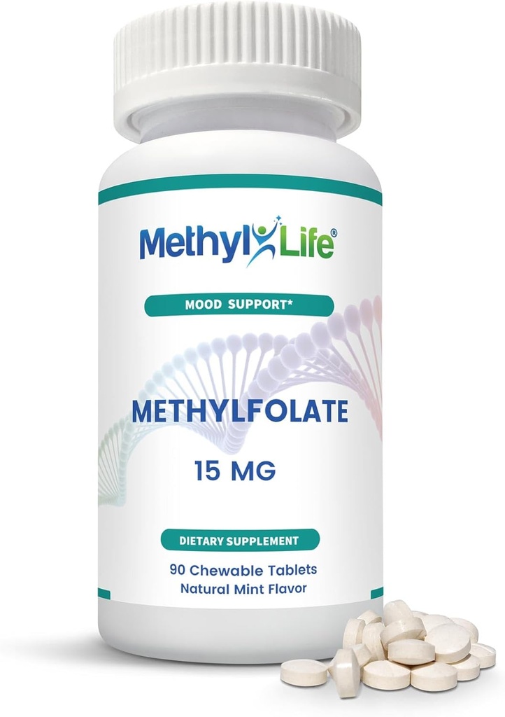 Metil-Life® L-Metilfolato 15 mg para Mulheres e Homens – Suplemento de folato ativo com Cerebrofolato ® ultrapuro (L-5-MTHF Cálcio) – Suporte de alta biodisponibilidade B9 – Comprimidos mastigáveis saborosos