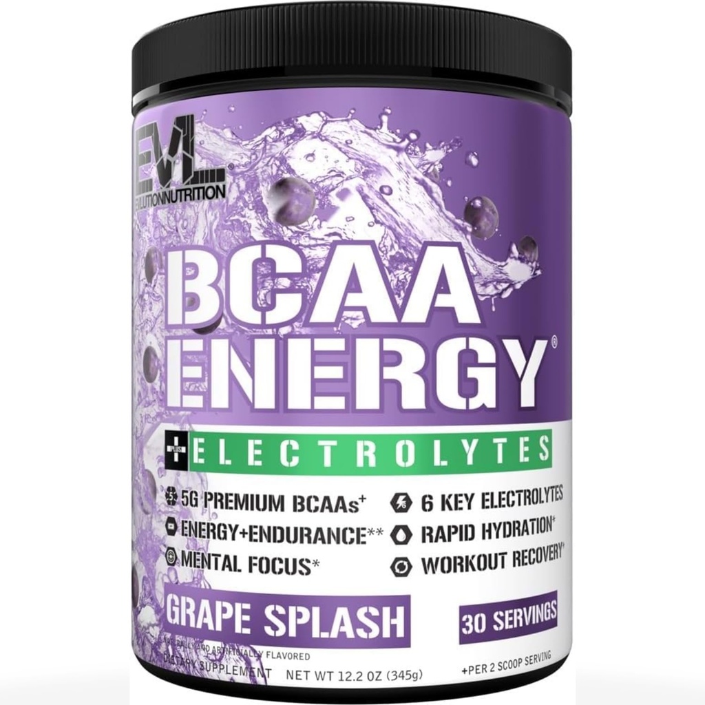 EVL BCAAs Aminoácidos Pó - BCAA Energia Pré-treino Pó para Recuperação Músculo Crescimento e Endurance Lean - Reidratação Pós-treino Recuperação Beber com 6 Eletrólitos Chave - Grape Splash