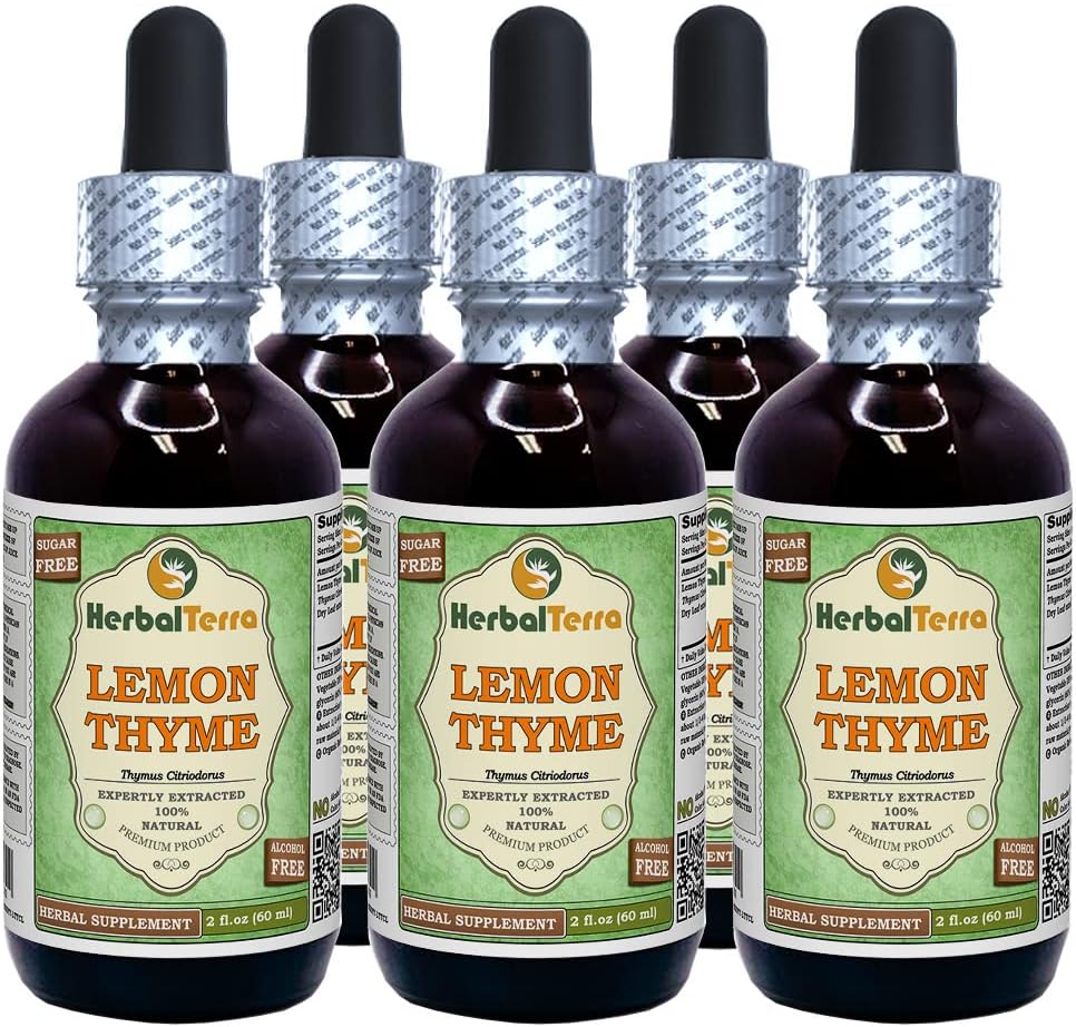 Tomilho de limão (Thymus x Citriodorus) Glicerita, extrato líquido seco de ervas orgânicas sem álcool (Nome da marca: HerbalTerra, Feito orgulhosamente nos EUA) 5x2 fl.oz (5x60 ml)