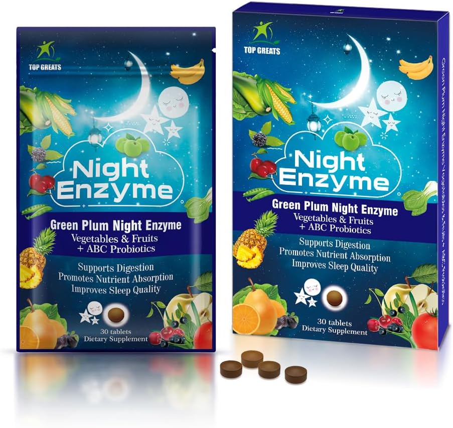 Enzima noturna, Enzimas Digestivas Multi Digestivas Diárias, Frutas de ameixa verde e vegetais com Probióticos, Bloating de alívio, Melhor qualidade do sono, para homens e mulheres, Promover Saúde Digestiva - 30 Comprimidos
