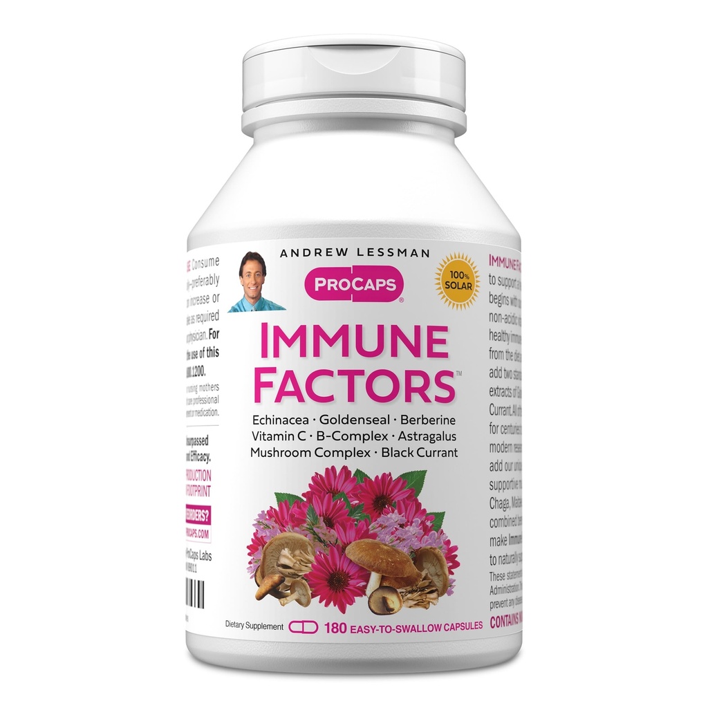 ANDREW LESSMAN Imune Factors 180 Cápsulas – Echinacea, Goldenseal, Vitamina C, Astragalus, Berberine, Mistura de cogumelos, Groselha preta. Apoia e promove o sistema imunológico e defesas naturais
