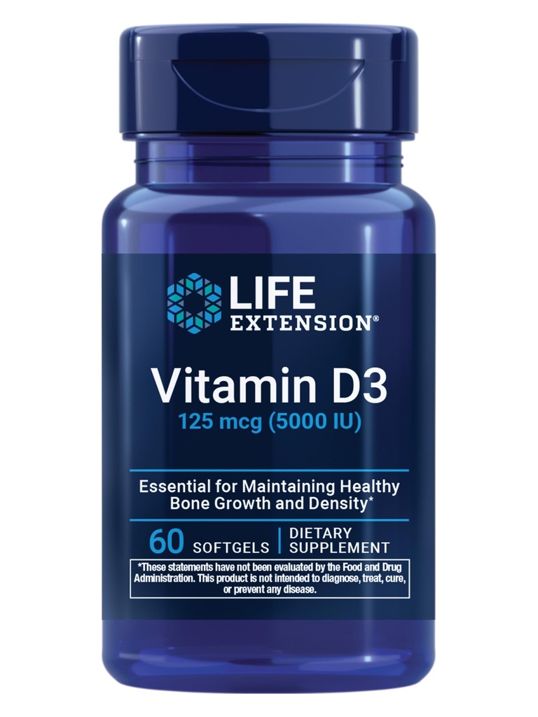 Vida Extensão Vitamina D3 125 mcg (5000 UI), Saúde Óssea, Desempenho Cérebro, Suporte do Sistema Imune, Sem Glúten, Não-GMO, Uma vez por dia, Dois-Mês de Fornecimento, 60 Softgels