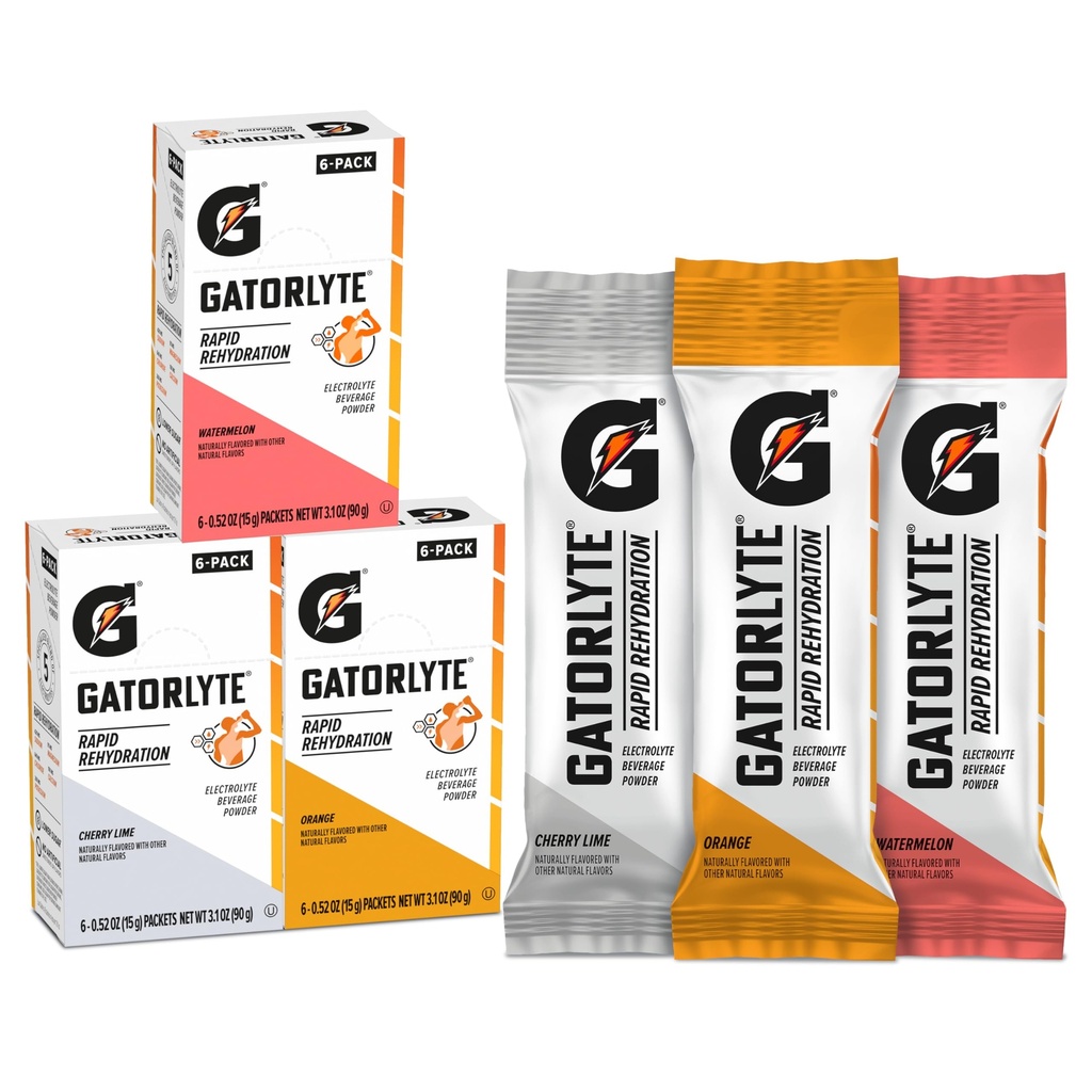 Gatorlyte Reidratação Rápida Eletrolítico Bebida, Pacote Variety, Baixo Açúcar, Mistura Especializada de 5 Eletrolitos, Sem Adoçantes Artificiais ou Flavores, 18 embalagem, 1 embalagem mistura com água de 500ml