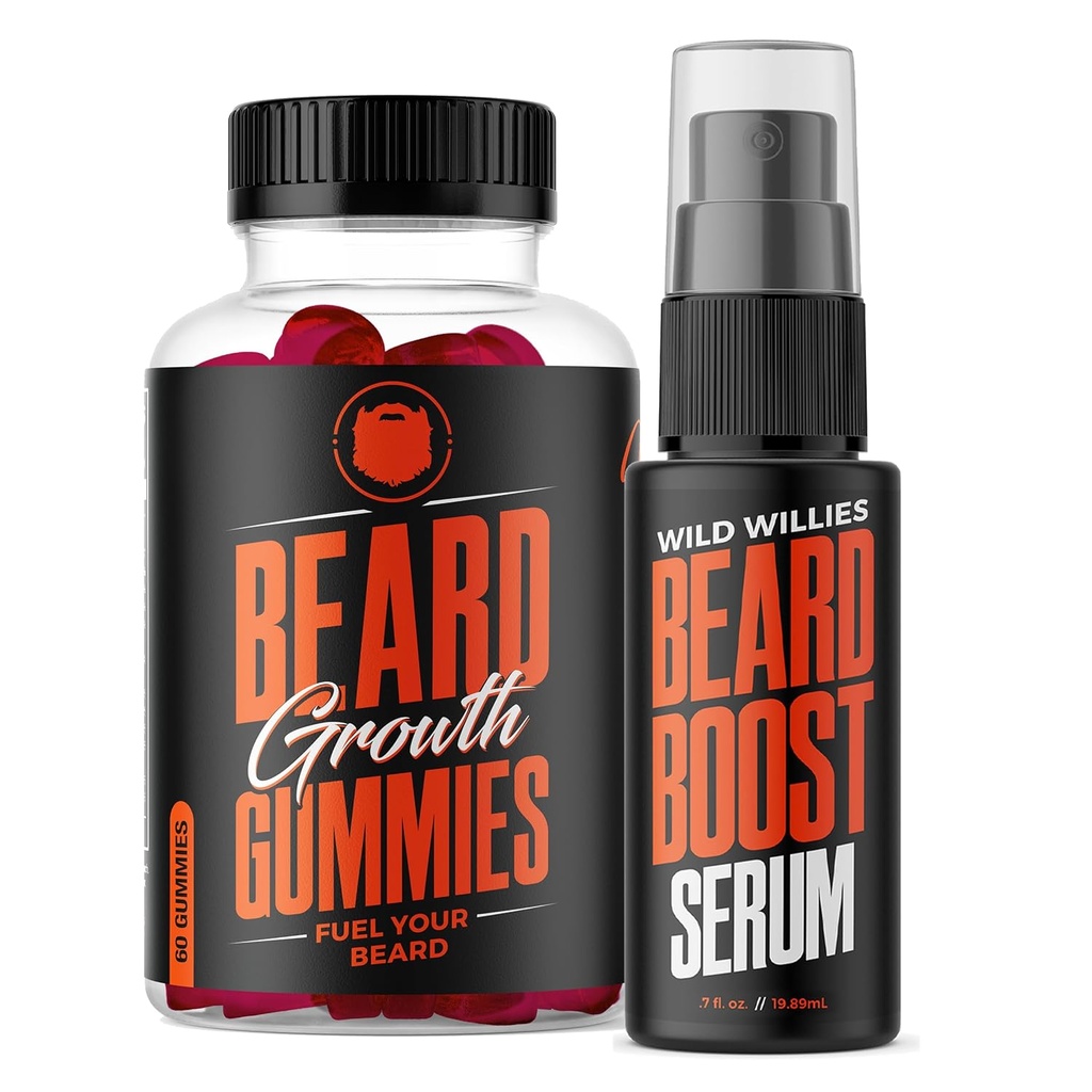 Wild Willies Beard Growth Dual Threat: gomas de crescimento de barba e kit de soro para homens - Biotina, cafeína e óleo de crescimento essencial para cabelos faciais mais completos e mais grossos - Vitaminas de barba e aumentar o crescimento de barba