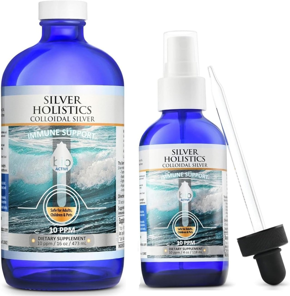 Pacote líquido de prata coloidal HOLISTICS – Inclui Spray de prata coloidal (4 OZ) e solução de refil (16 OZ) com Dropper grátis - Suplemento de suporte imunológico para crianças, adultos e animais de estimação