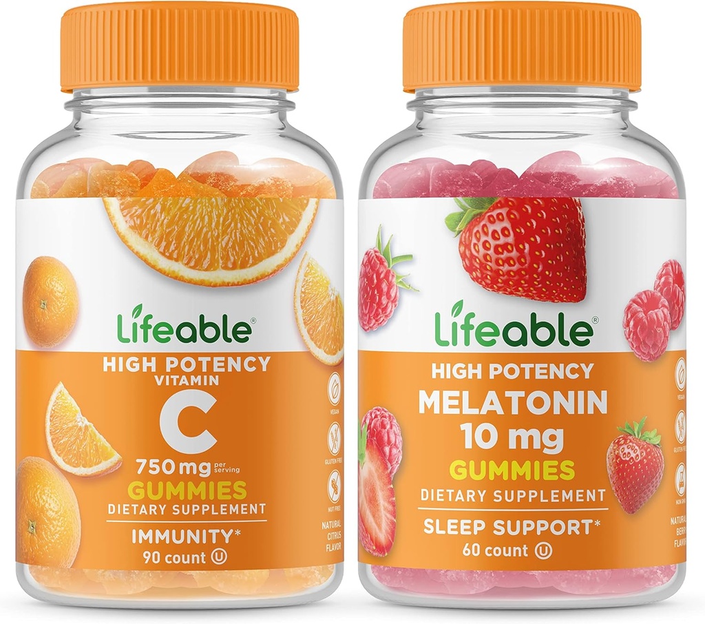 Vitamina C vitalável 750mg + melatonina 10mg, chicletes Bundle - Grande degustação, Suplemento de Vitamina, Gluten Free, GMO Free, chiclete mastigável