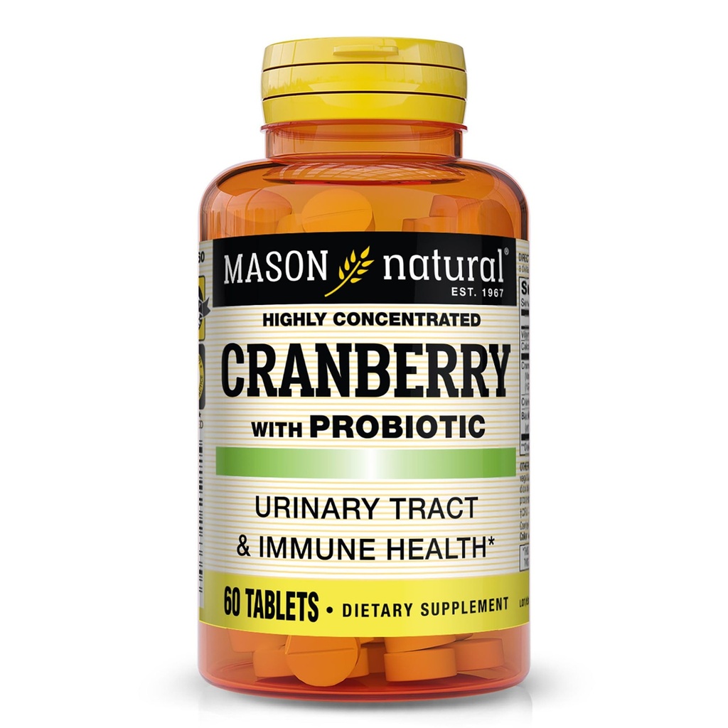 MASON NATURAL Cranberry com Probiótico, 2 Mês de Abastecimento, Altamente Concentrado, Suporta Saúde Imune Normal & Sistema Urinário, 60 Comprimidos