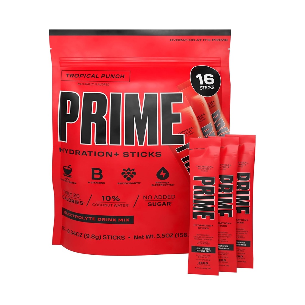PRIME HIDRATION+ Sticks Tropical Punch® Hydration Pó Single Serve Sticks □ Pó de Eletrolito na Go □ 250mg BCAAs, B Vitaminas, Antioxidantes □ Baixo açúcar □ Cafeína-Free