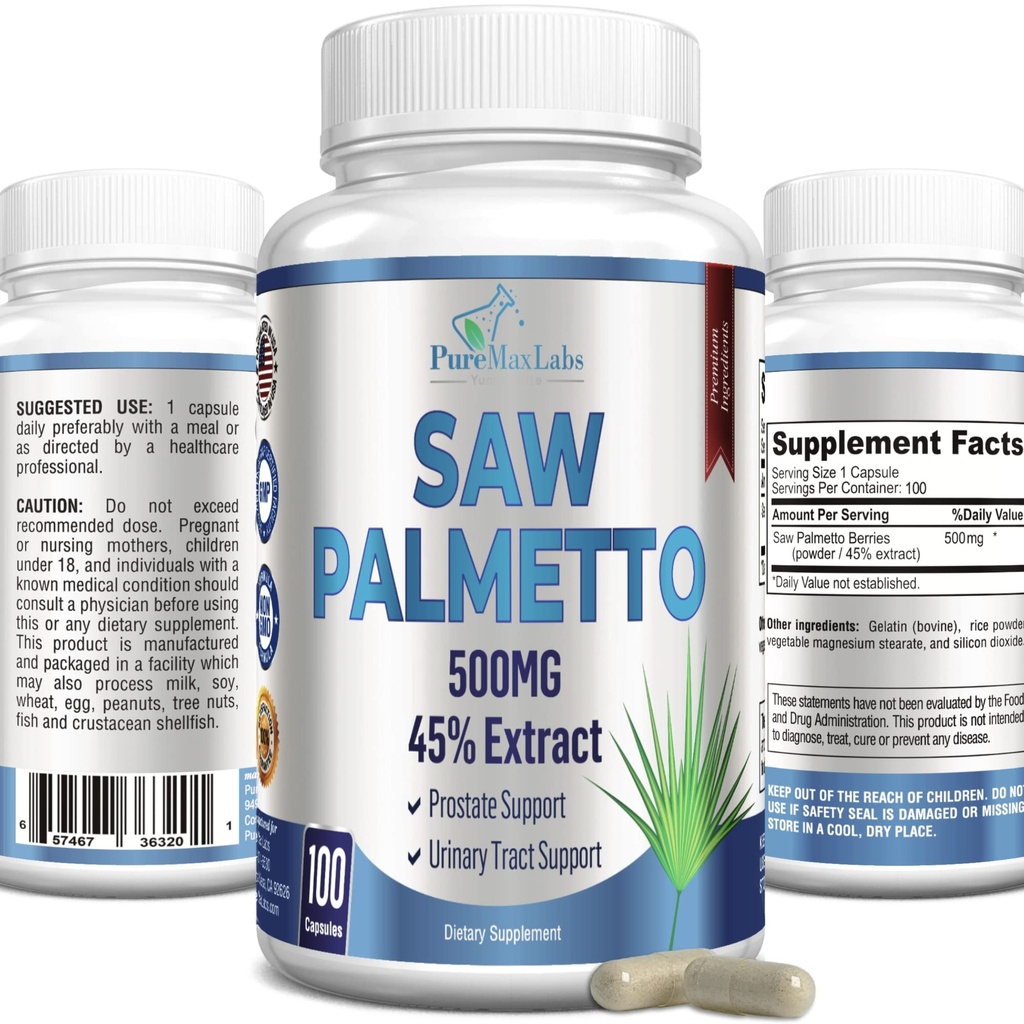 Serra de força extra Palmetto - 45% Extrair suplemento de próstata, diminuir a micção frequente, bloqueador DHT para o crescimento do cabelo, não-GMO, 100 cápsulas