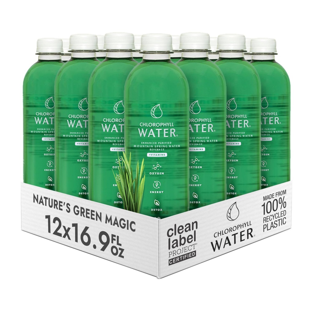 Chlorophyll Water – Liquid Chlorophyll 12-Pack (16.9 oz) □ Vitamina A, B12, C, D □ Detox Cleanse, Água alcalina, Energia Boost □ Água de vitamina
