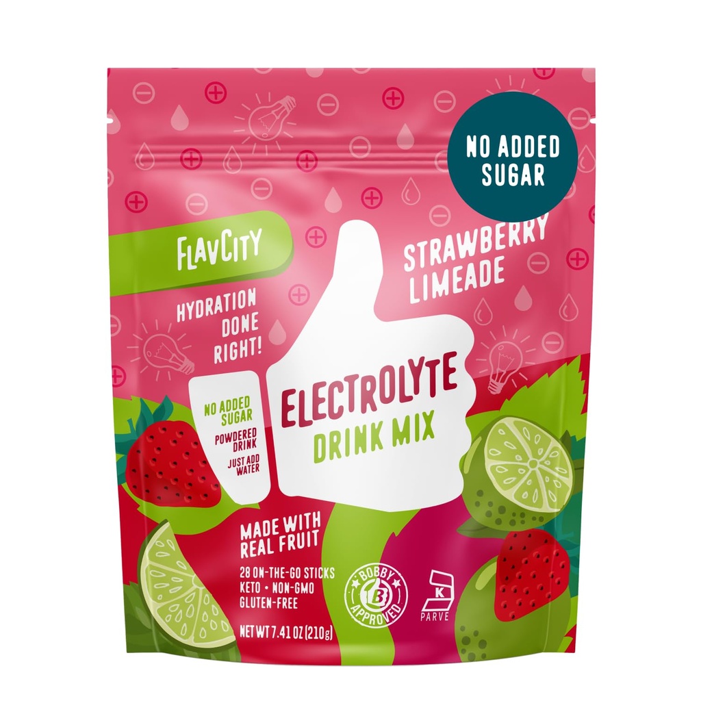 FlavCity Strawberry Limeade Electrolytes Powder Packets - 28 Pacotes de Hydration - No Added Sugar - Hydration Powder with Real Fruit & Unrefined Sea Salt - Keto & Gluten-Free (28 Stick Packs)