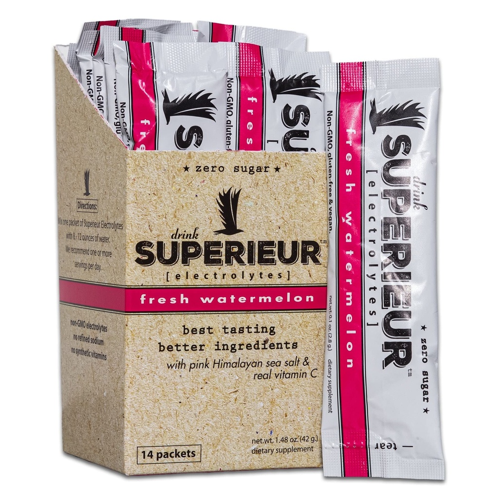 Superieur Electrolyte Powder Packets - Vegan Eletrolyte Hydration Powder w / Mar Minerals - Keto Friendly, Non-GMO, Zero Suplemento de Eletrolyte Açúcar - bebida esportiva saudável - melancia (14 Packets)