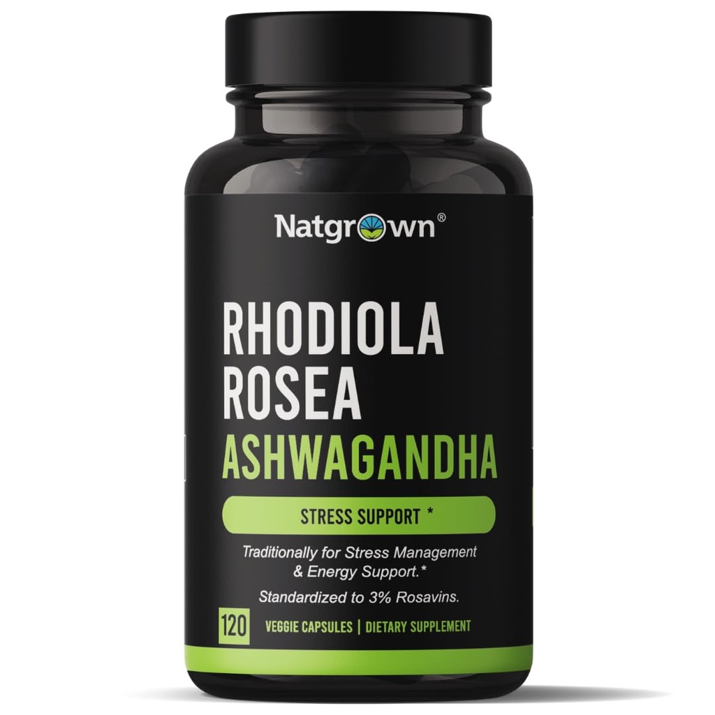 Natgrown Rhodiola Rosea com Ashwagandha Root Extract Cápsulas - padronizado a 3% Rosavins e 1% Salidroside - 120 Conde