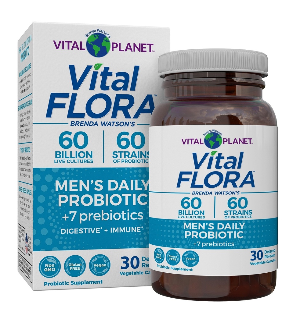 Planeta Vital - Vital Flora Probiótico diário dos homens, 60 bilhões de UFC, 60 deformações diversas, 7 prebióticos orgânicos, suporte imunológico, alívio de gás, colônia e probióticos digestivos de saúde para homens 30 cápsulas