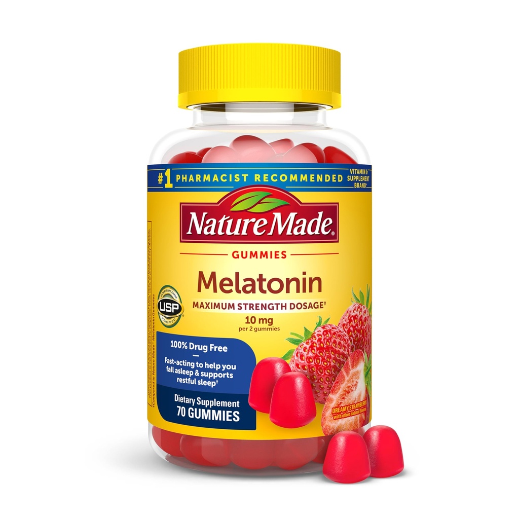 Natureza Made Melatonina 10mg por servir Gummies para adultos, Dosagem máxima de ajuda para o sono, 100% livre de drogas, 70 Count Melatonina Gummies, 35 Day Supply