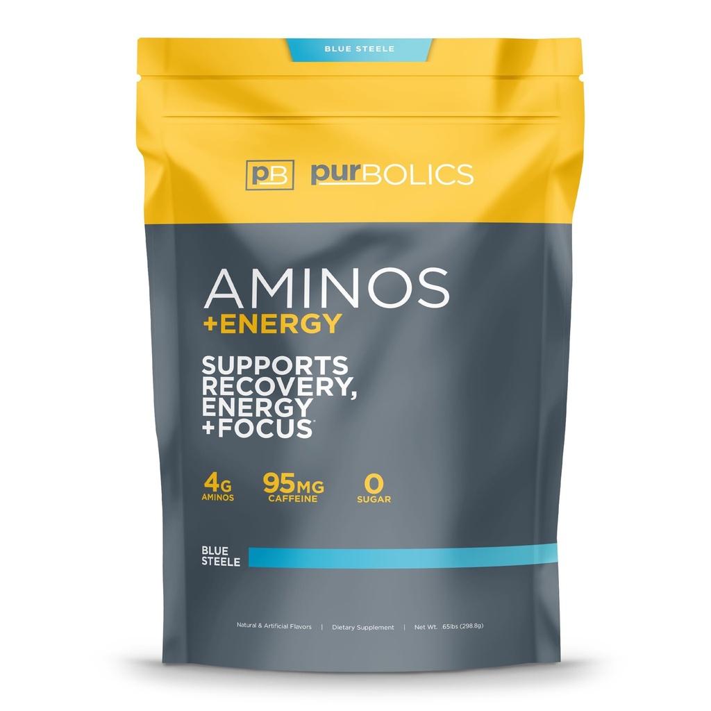 Purbólicos Aminós + Energia . Apoia Recuperação, Energia e Foco .. 95mg de Cafeína, 0 Calorias e 60 Servings (Aço Azul)