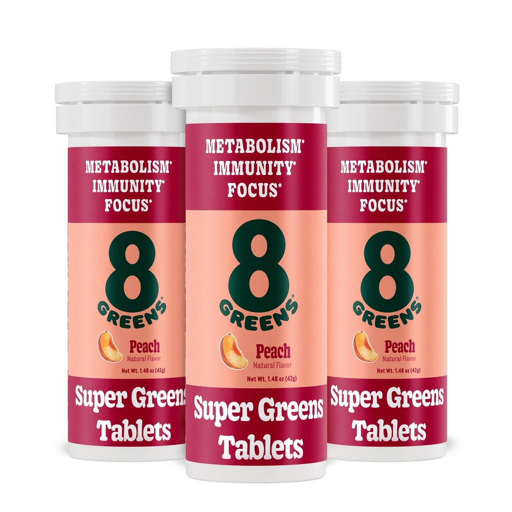 8Greens Supergreens Tablets Super Greens Powder Superfood Tablet, Metabolismo Imunidade e Foco, Verdes diários Comprimidos efervescentes, Orgânico: Aloe Vera, espirulina, chlorela, pêssego, 30 Servings