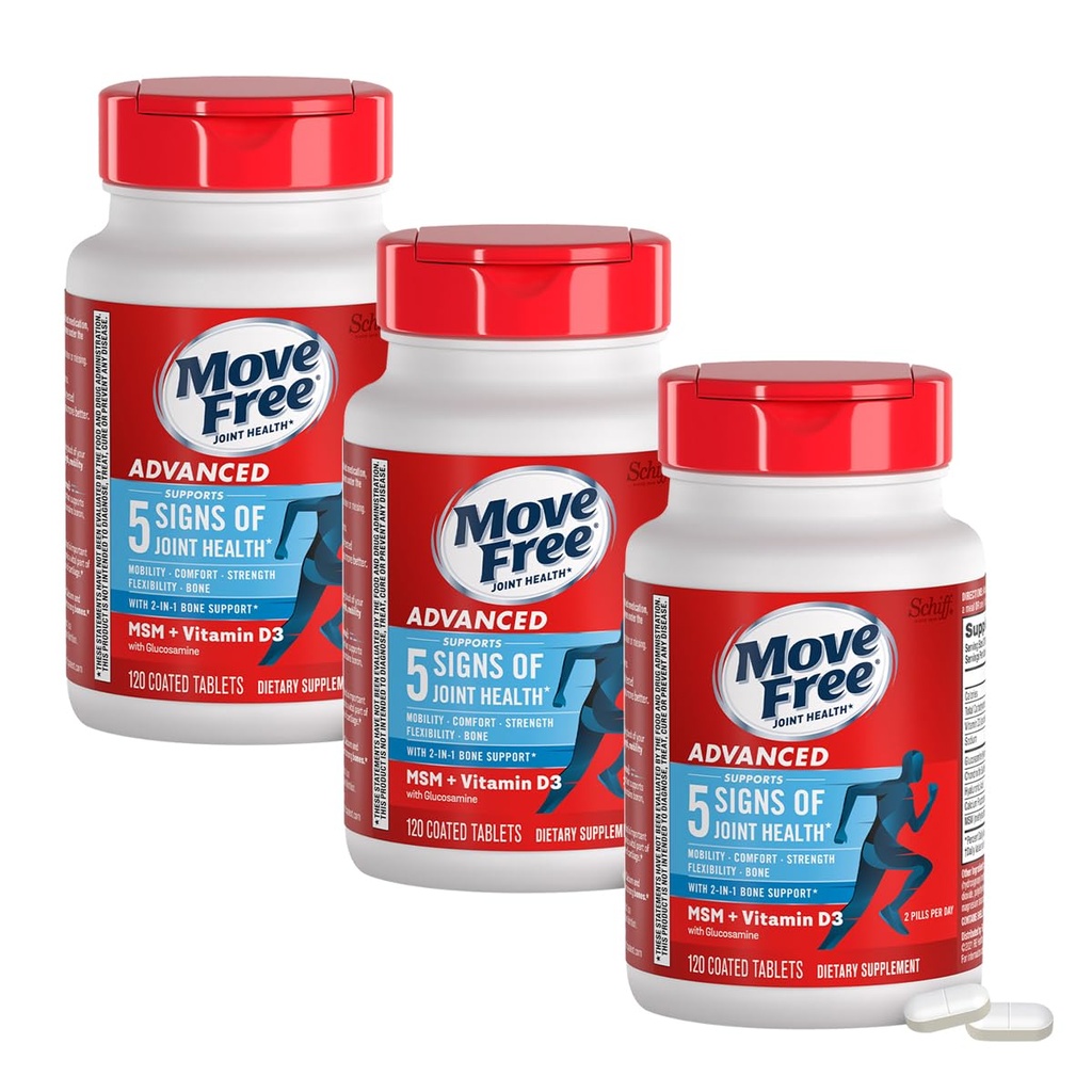 Move Free Advanced Glucosamine Chondroitin HSH + Vitamina D3 Suplemento de suporte conjunto, Suporta Mobility Comfort Força Flexibilidade e Osso + Saúde Imune - Tablet, 3x120ct Garrafas (120 porções)*