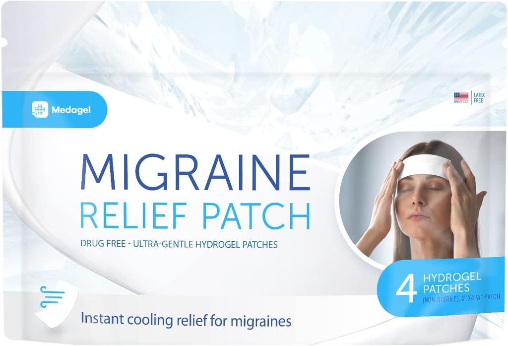 Migraine Relief Patch, Cooling Patches para Enxaqueca, Febre, Hormônio, & Dores de cabeça, Mess & Odor-Free Hydrogel Cooling, Made in the USA, 1 Pack (4 x Patches) Branco