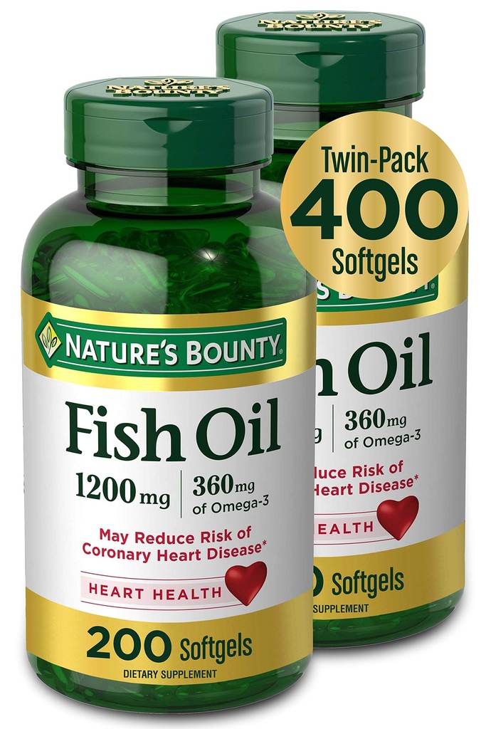 O óleo de peixe da recompensa da natureza, suplemento dietético com 360mg Omega-3, apoia a saúde do coração, 1200mg, 200 Softgels (Pack de 2)