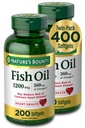 O óleo de peixe da recompensa da natureza, suplemento dietético com 360mg Omega-3, apoia a saúde do coração, 1200mg, 200 Softgels (Pack de 2)