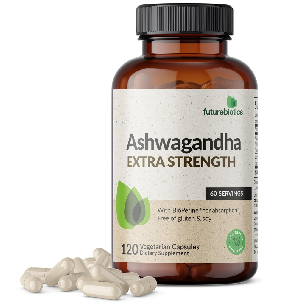 Futurebióticos Ashwagandha Força extra Stress & Mood Support com BioPerine - Fórmula não OGM, 120 Cápsulas Vegetarianas