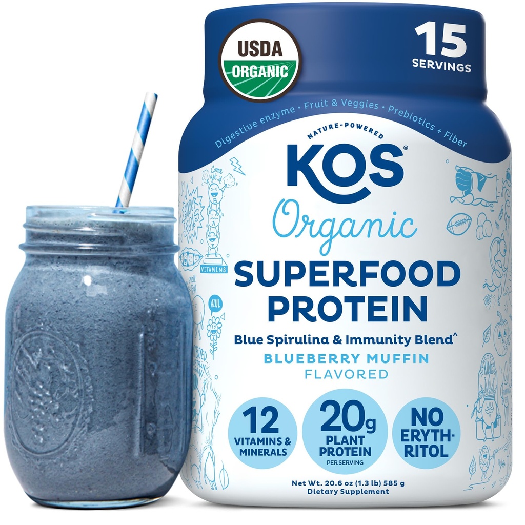 KOS Planta Based Protein Powder, Blueberry Muffin - Organic Pea Protein Superfood com Spirulina e Imune Support Mistura. Soy, Gluten, Dairy Grátis - Vegan substituição de refeições para mulheres e homens - 15 Servings