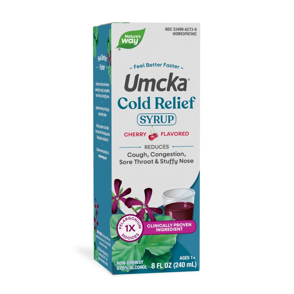 Xarope de alívio frio da natureza, Umcka, encurta a duração e reduz a gravidade, alívio frio multi-sintomático, homeopático, livre de fenilefrina, não-drowsy, cereja flavored, 8 Fl Oz (Packaging May Vary)