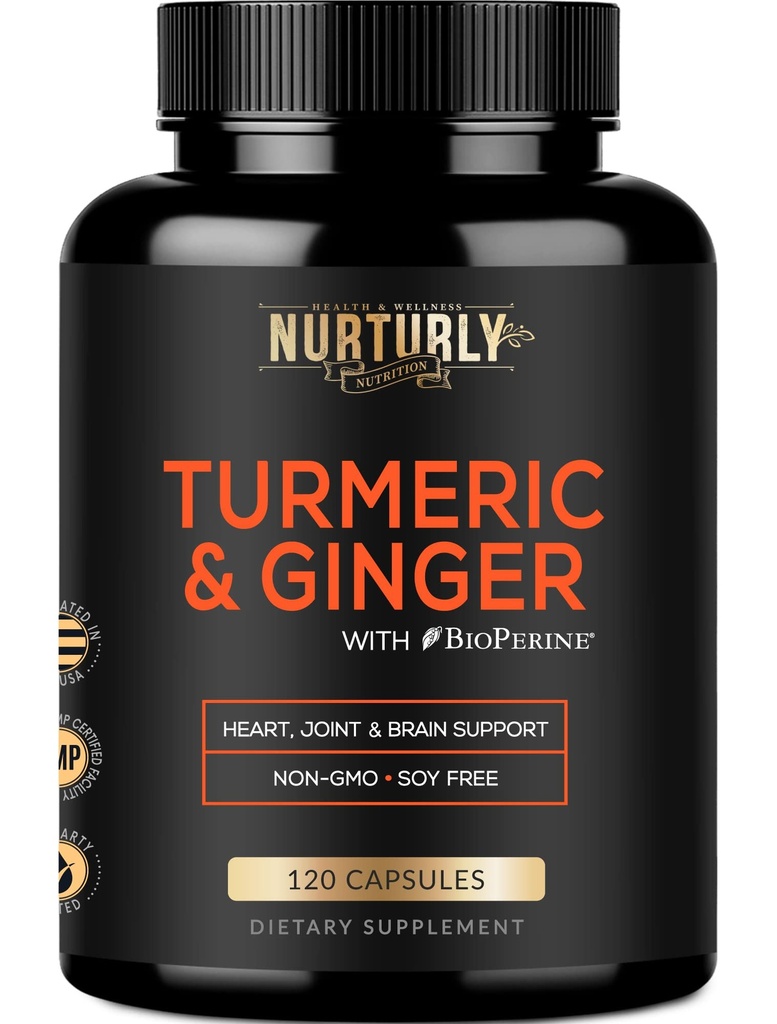 Curcumina Turmérica com BioPerine & Ginger, Pimenta Preta e 95% Curcuminóides - Suplementos Turméricas de Alta Absorção para Saúde Hearth - Não-GMO, Glúten Grátis - 120 Cápsulas