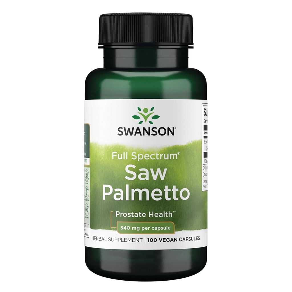 Swanson Saw Palmetto - Suplemento de ervas que promove o apoio à saúde da próstata masculina - Suplemento de cabelo natural e suporte à saúde urinária - 540 mg 100 Cápsulas