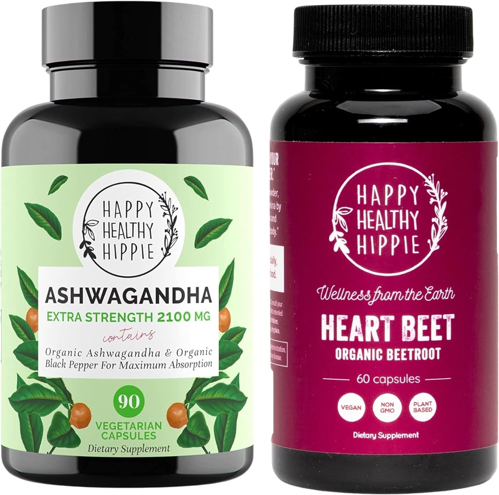 Feliz saudável Hippie Beetroot Cápsulas & Organic Ashwagandha Stress Support Suplemento Cápsulas