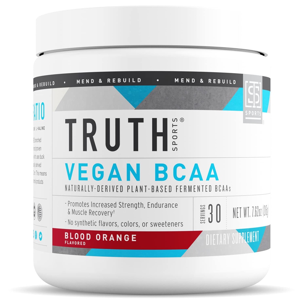 Verdade Nutrição Vegan BCAA Pó- 2:1:1 Razão Natural BCAAs Aminoácidos Pó para Energia, Muscle Building, Pós treino Recuperação Beber para a recuperação muscular (Sangue Laranja, 30 Servings)