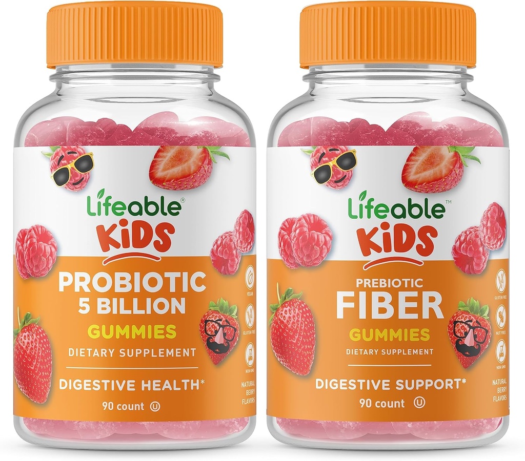 Probióticos viáveis 5 bilhões de crianças + Prebiótico Fiber Kids, chicletes Bundle - Grande degustação, Suplemento Vitamina, Gluten Free, GMO livre, chiclete mastigável