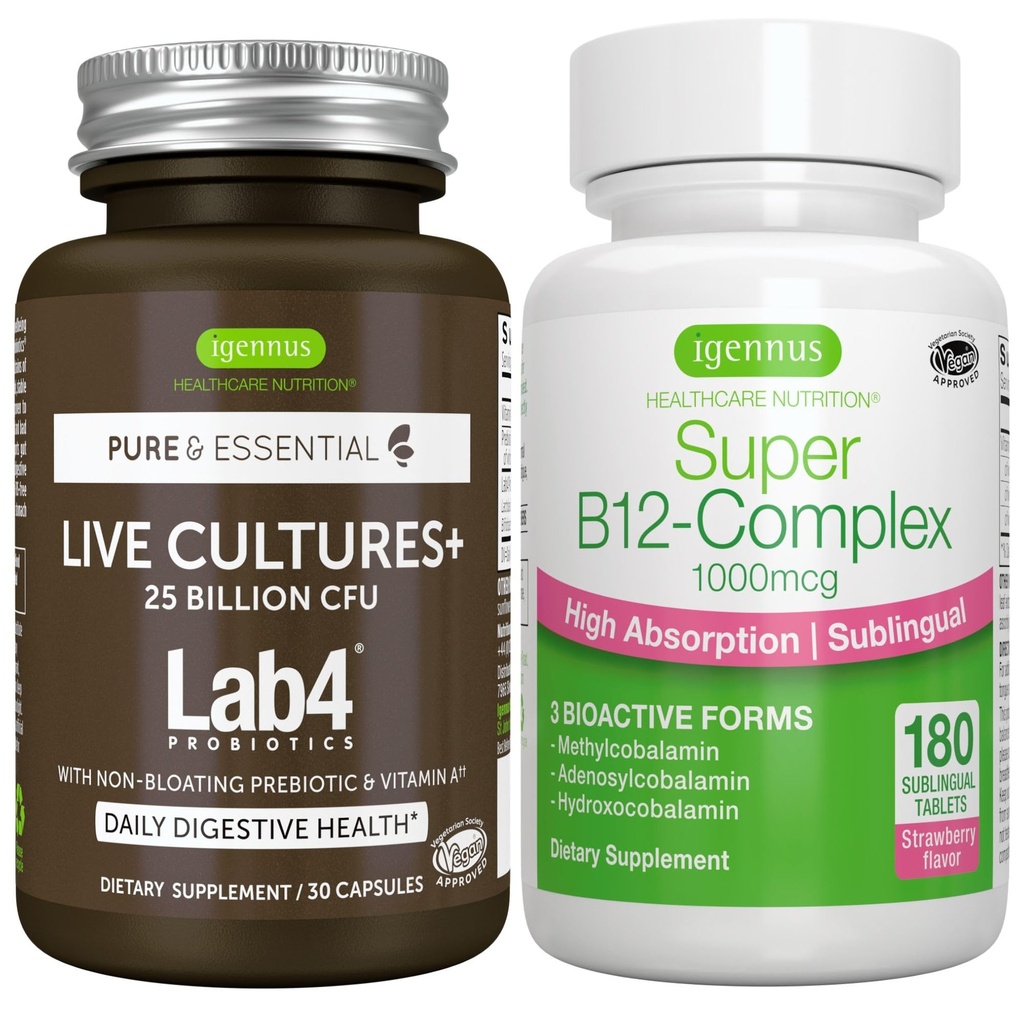 Culturas Vivas+ Lab4 Probióticos + Super B12-Complexo, Pacote Vegan, 25 Bilhões UFC Lactobacillus Acidophilus e Bifidobacterium + Alta Absorção Sublingual B12, por Igennus