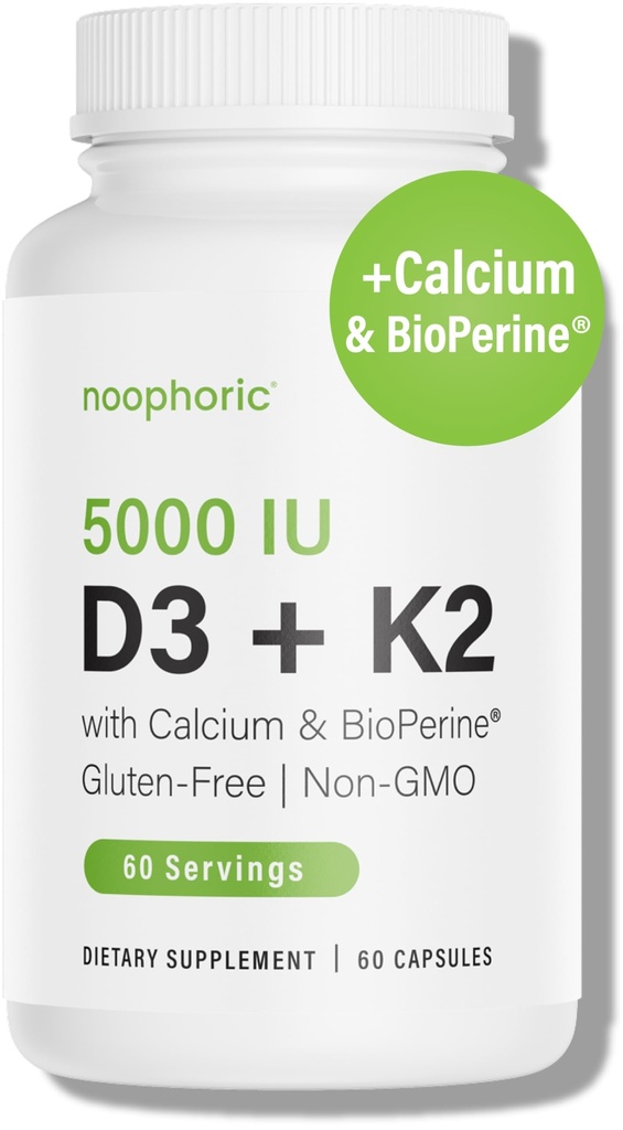 Noophoric D3 K2 Vitamina 5000 UI - Vitamina K2 100 mcg MK7, Cálcio, BioPerine - Saúde Óssea e Imune Suporte Suplemento - Sem glúten, Não-GMO - Suplemento Vitamina D3 K2 (60 Servings)