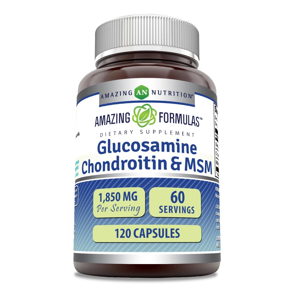 Fórmulas surpreendentes Glucosamine Chondroitin MSM 1850 mg Por Cápsulas de Servimento Suplemento Não-GMO □ Gluten Free □ Made in USA (120 Count)