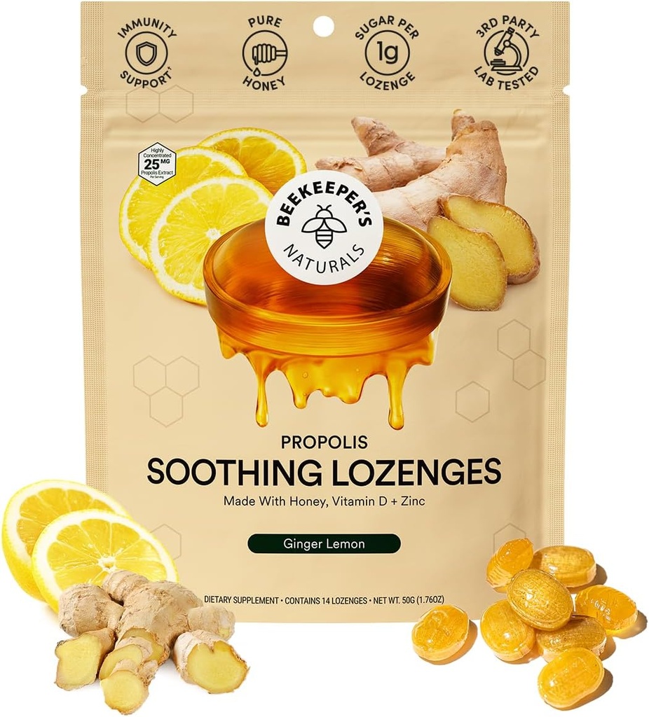 Naturals Apicultor calmante mel gengibre limão gotas de tosse - apoio imunológico com vitamina D, zinco e própolis garganta calmantes Lozenges, 14 Ct