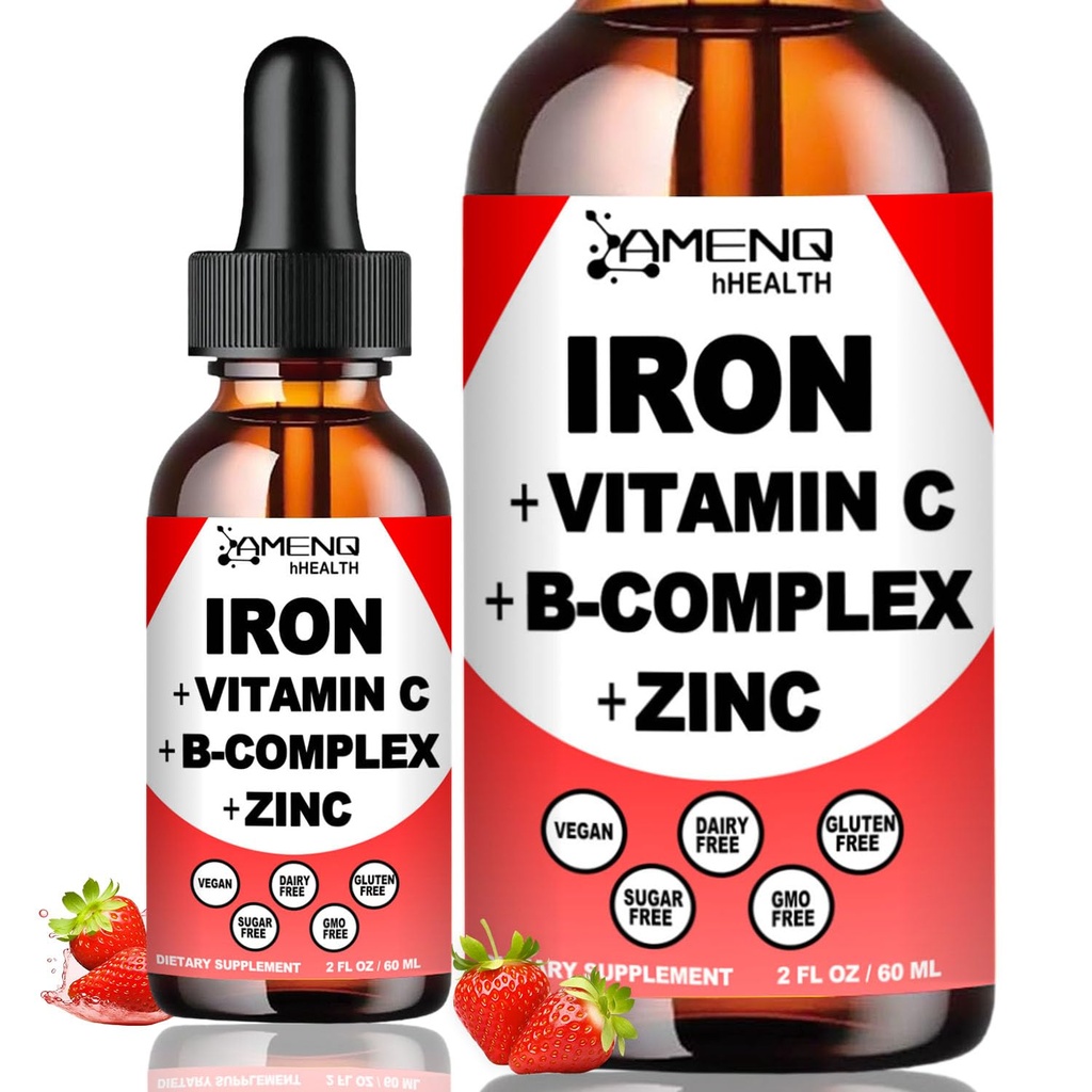 Suplemento de ferro líquido w/Vitamina C, A, B-Complexo, Vegan gotas de ferro de alta potência líquido vitamina & suplementos de ferro para mulheres, homens e crianças -Suporte de células vermelhas do sangue, energia, anemia & fadiga