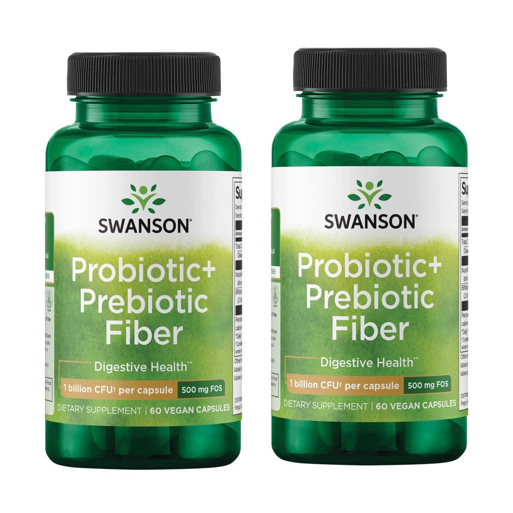 Swanson Prebiótico + Fibra Probiótica - Suplemento Natural Promovendo Sistema Digestivo e Apoio à Saúde Imune - Aids Regularidade & GI Tract Health - (60 cápsulas, 500 milhões de UFC cada) (2 pacote)
