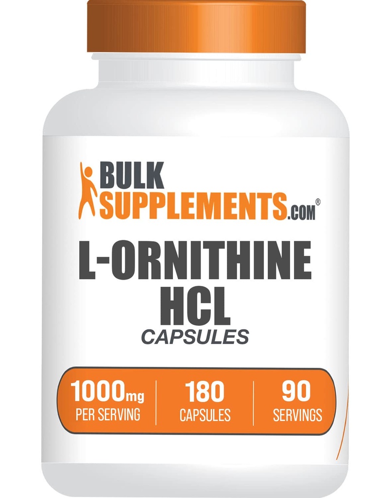 BulkSuplementos.com L-Ornitina HCl Cápsulas - L-Ornitina Hidrocloreto, L-Ornitina 1000mg - Suplemento Aminoácidos, Gluten Free, 2 Cápsulas por Serviço, 180 Contagem (Pacote de 1)