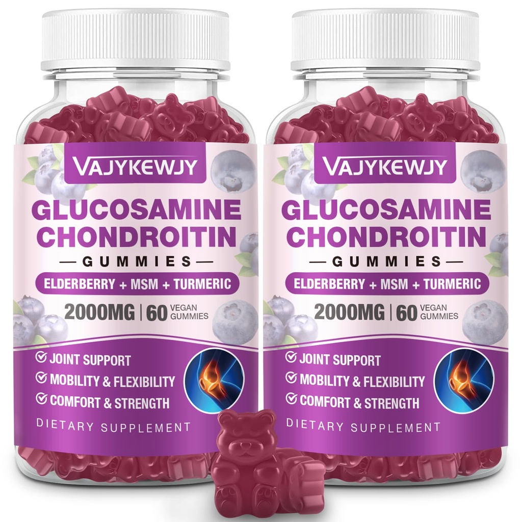 2 Embalagens 2000mg Gummies de condroitina de glucosamina, Glucosamina de força extra com HSH de condroitina e açafrão, Suplemento de suporte conjunto, Suporte imunológico antioxidante - 120 Gummies